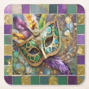 Dessous-de-verre Carré En Papier Masque de plumes colorées vert et or de Mardi Gras