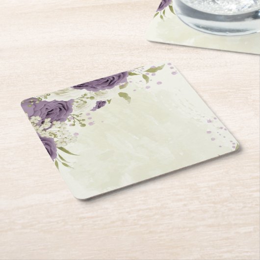 Dessous-de-verre Carré En Papier mauve fleurs blanches verdure mariage (Incliné)