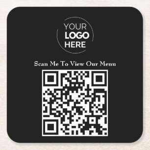 Dessous-de-verre Carré En Papier Menu Code QR   Logo noir sans contact moderne