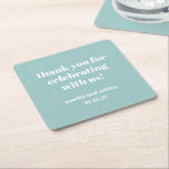 Dessous-de-verre Carré En Papier Merci de mariage personnalisé Gras Aqua Blue Retro<br><div class="desc">Ajoutez une touche attentive à votre réception de mariage ou à votre événement spécial avec ces dessous de verre de remerciement personnalisés! Dotés d'un design moderne et minimaliste en bleu aqua doux et d'une élégante typographie blanche, ces dessous de verre sont une façon élégante de rendre hommage à vos invités....</div>