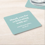 Dessous-de-verre Carré En Papier Merci de mariage personnalisé Gras Aqua Blue Retro<br><div class="desc">Ajoutez une touche attentive à votre réception de mariage ou à votre événement spécial avec ces dessous de verre de remerciement personnalisés! Dotés d'un design moderne et minimaliste en bleu aqua doux et d'une élégante typographie blanche, ces dessous de verre sont une façon élégante de rendre hommage à vos invités....</div>