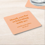 Dessous-de-verre Carré En Papier Merci de mariage personnalisé Gras Peach Orange Re<br><div class="desc">Ajoutez une touche attentive à votre réception de mariage ou à votre événement spécial avec ces dessous de verre de remerciement personnalisés! Avec un design moderne et minimaliste dans Peach Orange doux avec une élégante typographie blanche, ces dessous de verre sont une façon élégante de montrer l'appréciation à vos invités....</div>