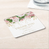 Dessous-de-verre Carré En Papier Merci Réception Mariage Fleurs Roses Bleues (Incliné)