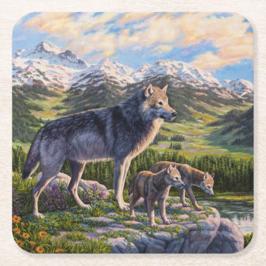 Dessous-de-verre Carré En Papier Mère Wolf & Pups Mountain River Valley (Devant)