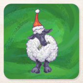 Dessous-de-verre Carré En Papier Mignonne mouton à Santa Chapeau sur vert (Devant)