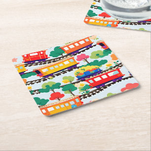 Dessous-de-verre Carré En Papier Mignons trains et motif d'arbres bleu