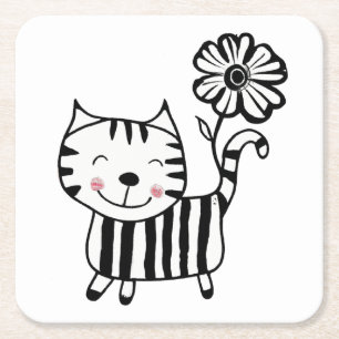 Dessous-de-verre Carré En Papier Minimalist Cute Cat with Flower on Tail Decorative