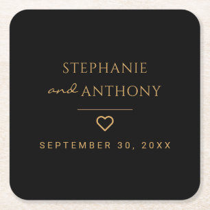 Dessous-de-verre Carré En Papier Minimaliste Coeur noir et or Mariage moderne