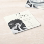 Dessous-de-verre Carré En Papier Minimaliste Elegant Ivory Black Photo Enregistrer<br><div class="desc">Mariage minimaliste moderne personnalisé noir et blanc Enregistrer le Dessous de verre de papier date avec photo personnalisée</div>