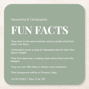 Dessous-de-verre Carré En Papier Modern Sage Green Custom fun fact list Mariage