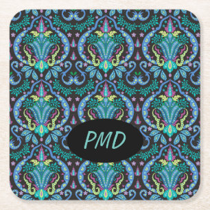 Dessous-de-verre Carré En Papier Moderne Damask Art Déco Noir Turquoise Bleu Nom