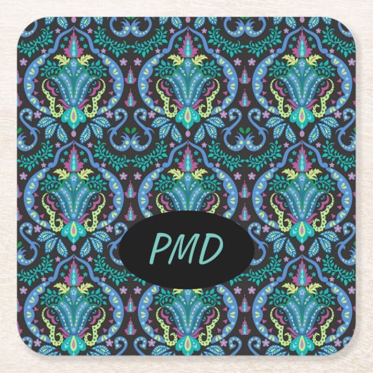Dessous-de-verre Carré En Papier Moderne Damask Art Déco Noir Turquoise Bleu Nom (Devant)