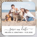 Dessous-de-verre Carré En Papier Moderne Enregistrer la date Couple Fiançailles Pho<br><div class="desc">Ajoutez la touche finale à votre mariage de chien, enregistrez les dates avec cette photo personnalisée, et des autocollants personnalisés 'Save The Date'. Customisez avec votre photo préférée, vos noms et votre date. Ce chien mariage de compagnie enregistrer les autocollants de date sont parfaits pour la fête de fiançailles, enregistrer...</div>