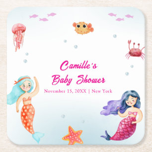 Dessous-de-verre Carré En Papier Moderne Princesse Sirène Océan Baby shower de cora