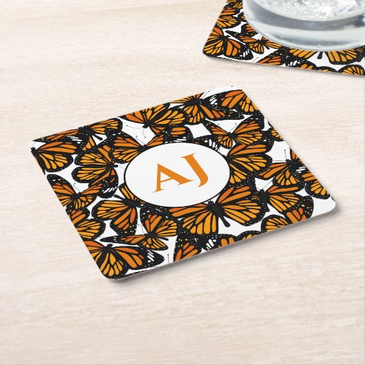 Dessous-de-verre Carré En Papier Monarque orange Papillon tropical Monogramme (Incliné)