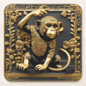 Dessous-de-verre Carré En Papier Monkey or et cadre ornemental noir (Devant)