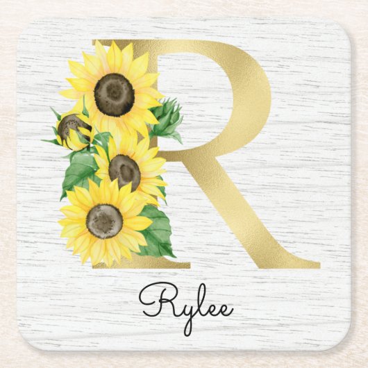 Dessous-de-verre Carré En Papier Monogram Gold Sunflower Girly Floral Initial R (Devant)