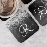 Dessous-de-verre Carré En Papier Monogramme à étincelle noire à Parties scintillant<br><div class="desc">Personnalisez facilement ce design élégant de dessous de verre en papier carré à la mode avec une jolie parties scintillant brillante en argent sur un arrière - plan métallique brossé noir.</div>