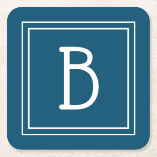Dessous-de-verre Carré En Papier Monogramme côtier bleu océan et blanc initial