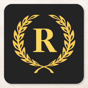 Dessous-de-verre Carré En Papier Monogramme de couronne de laurier noir et or