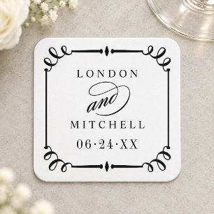 Dessous-de-verre Carré En Papier Monogramme de mariage à cadre déroulant noir vinta