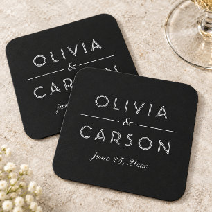 Dessous-de-verre Carré En Papier Monogramme de mariage élégant noir et blanc