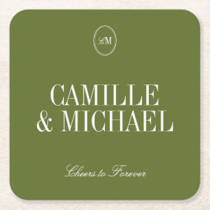 Dessous-de-verre Carré En Papier Monogramme de mariage vert olive minimaliste