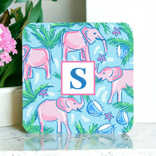 Dessous-de-verre Carré En Papier Monogramme d'éléphant bleu rose pâle