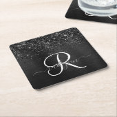 Dessous-de-verre Carré En Papier Monogramme d'étincelle à Parties scintillant noire (Incliné)