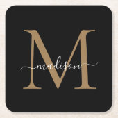 Dessous-de-verre Carré En Papier Monogramme d'or noir fille Élégant Script moderne (Devant)