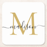 Dessous-de-verre Carré En Papier Monogramme d'or noir moderne élégant Nom du script<br><div class="desc">Élégant moderne personnalisé Black Gold Monogramme Nom du script Dessous de verre papier initial</div>