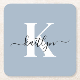 Dessous-de-verre Carré En Papier Monogramme élégant en bleu poussiéreux