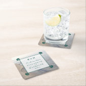 Dessous-de-verre Carré En Papier Monogramme élégant et mariage Turquoise sur la pla (En situation)