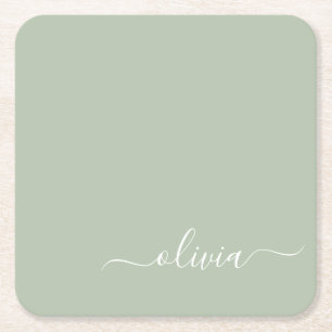 Dessous-de-verre Carré En Papier Monogramme Élégant Minimaliste Moderne Vert Sauge