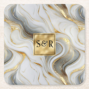 Dessous-de-verre Carré En Papier Monogramme Faux Mariage marbré or, gris et blanc