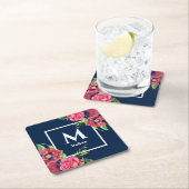 Dessous-de-verre Carré En Papier Monogramme Fleurs rouges et roses Bleu foncé Marin (En situation)