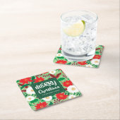 Dessous-de-verre Carré En Papier Monogramme floral blanc rouge de Noël Poinsettia (En situation)