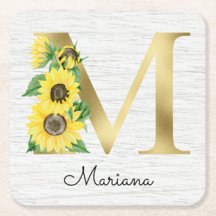 Dessous-de-verre Carré En Papier Monogramme Gold Sunflower Girl Floral Initial M