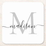 Dessous-de-verre Carré En Papier Monogramme gris personnalisé moderne Nom du script<br><div class="desc">Élégant moderne Personnalisé Silver Grey Monogramme noir Nom du script Dessous de verre papier initial</div>