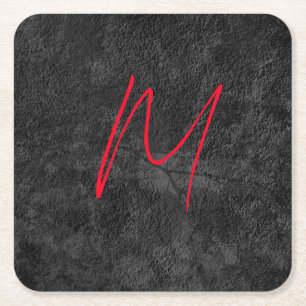 Dessous-de-verre Carré En Papier monogramme gris unique nom rouge calligraphie init