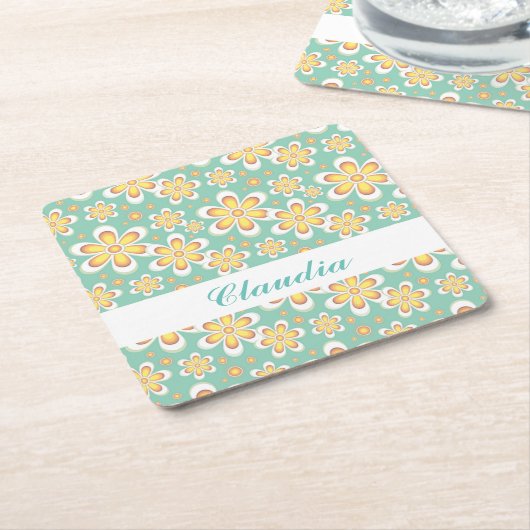 Dessous-de-verre Carré En Papier Monogramme joli fleurs orange sur vert (Incliné)