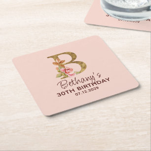 Dessous-de-verre Carré En Papier Monogramme Lettre B Or Roses Rose Pâle