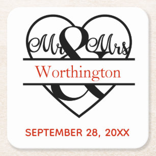 Dessous-de-verre Carré En Papier Monogramme M. et Mme Red Black Mariage