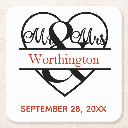 Dessous-de-verre Carré En Papier Monogramme M. et Mme Red Black Mariage (Devant)