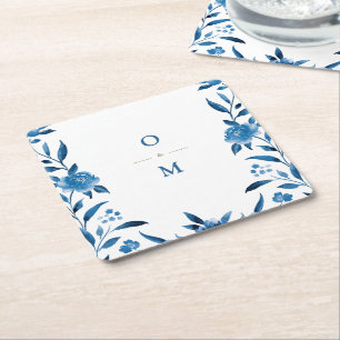 Dessous-de-verre Carré En Papier Monogramme Mariage floral bleu