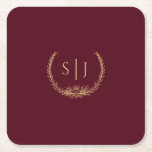 Dessous-de-verre Carré En Papier Monogramme Mariage Floral d'or de Bourgogne<br><div class="desc">Ce dessous de verre en papier carré à mariage à fleurs d'or bordeaux présente un somptueux décor de merlot foncé avec d'élégantes calligraphies dorées et des ornements floraux dorés. L'histoire des couleurs de bijoux et les accents botaniques dorés ainsi qu'un écriture minimaliste et délicate créent une esthétique moderne, royale et...</div>