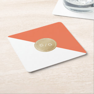 Dessous-de-verre Carré En Papier Monogramme minimaliste orange mariage moderne
