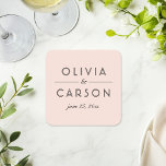 Dessous-de-verre Carré En Papier Monogramme moderne Blush et Mariage noir<br><div class="desc">Les dessous de verre de mariages rose vif modernes et chics présentent un design monographique noir élégant et minimal,  qui peut être personnalisé avec les noms des mariés et des mariés et la date du mariage.</div>