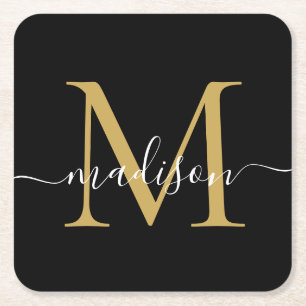 Dessous-de-verre Carré En Papier Monogramme moderne Classic Black Gold Nom de scrip