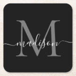 Dessous-de-verre Carré En Papier Monogramme moderne Classic Black Grey Nom du scrip<br><div class="desc">Élégant moderne personnalisé noir argent gris monogramme Nom du script Dessous de verre papier initial</div>